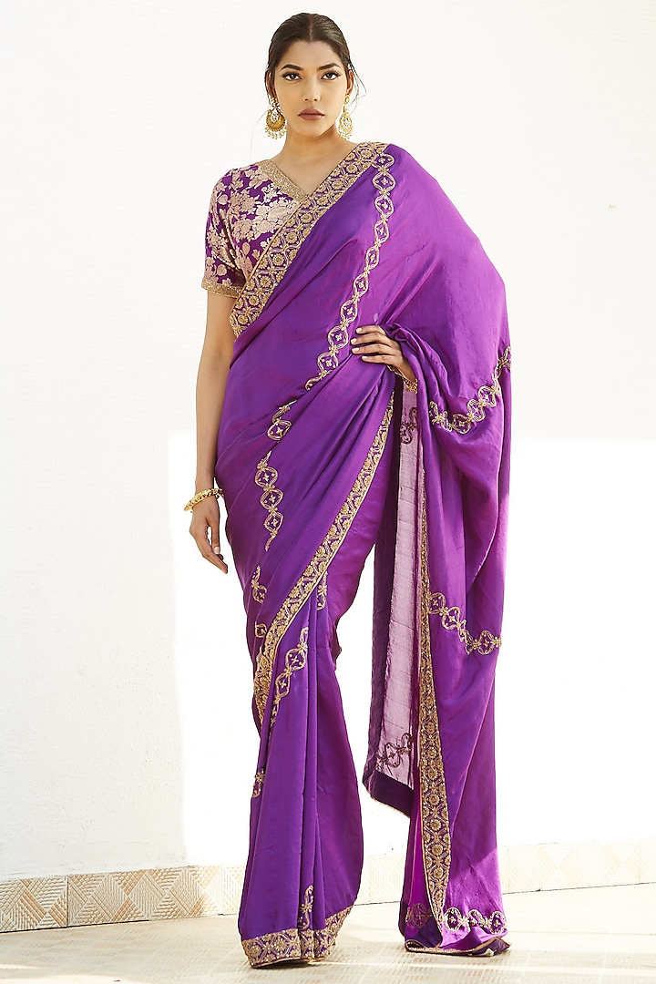 Purple Zardosi Hand Embroidered Saree Set by Romaa