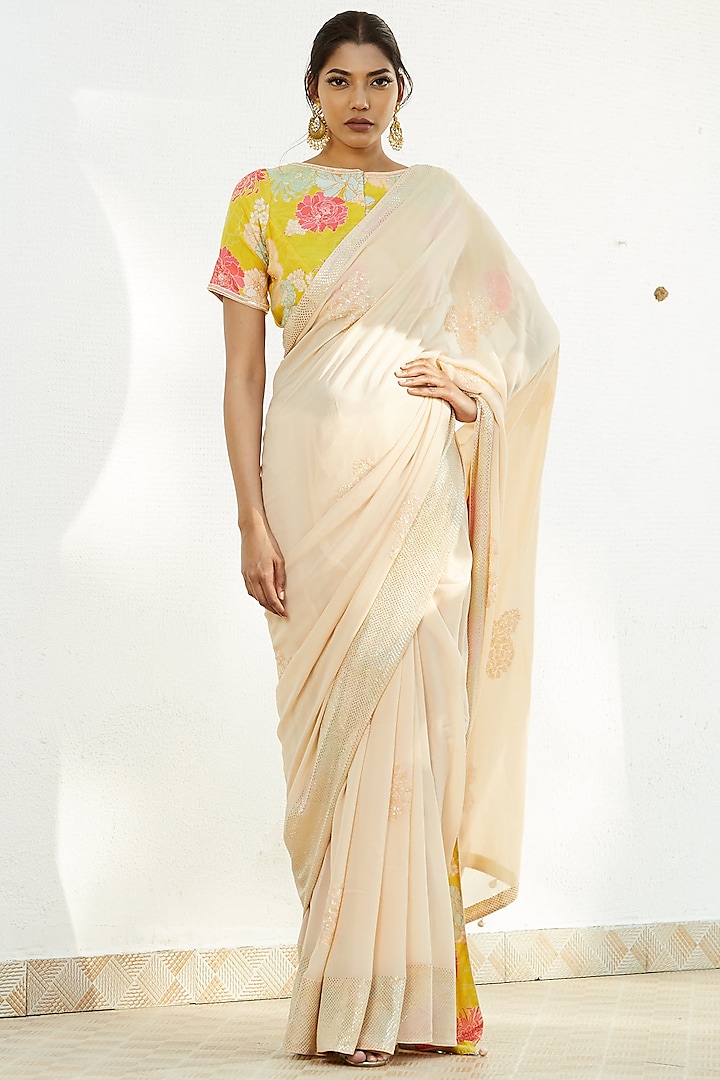 Pale Peach Mukaish Embroidered Saree Set by Romaa