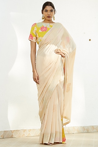 Pale Peach Mukaish Embroidered Saree Set by Romaa