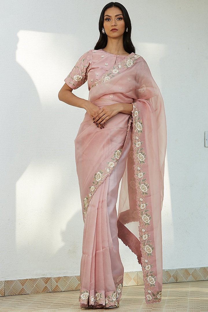Pink Thread Hand Embroidered Saree Set by Romaa