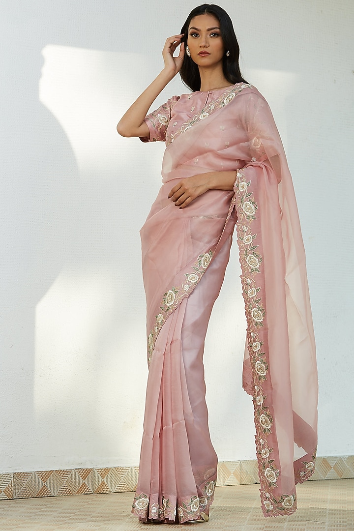 Pink Thread Hand Embroidered Wedding Saree Set by Romaa at Pernia's Pop Up Shop