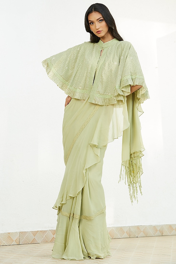 Green Ruffled Saree Set With Cape by Romaa