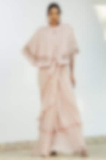 Dusty Pink Chiffon Ruffled Saree Set by Romaa