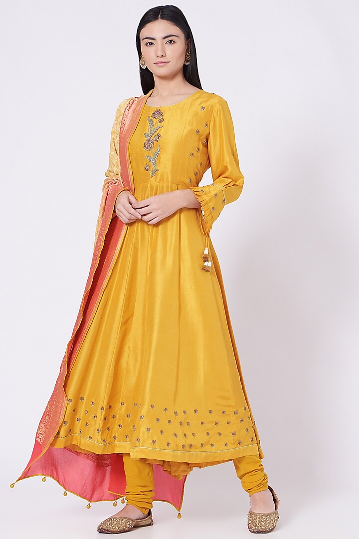 Mustard Hand Embroidered Anarkali Set by Romaa