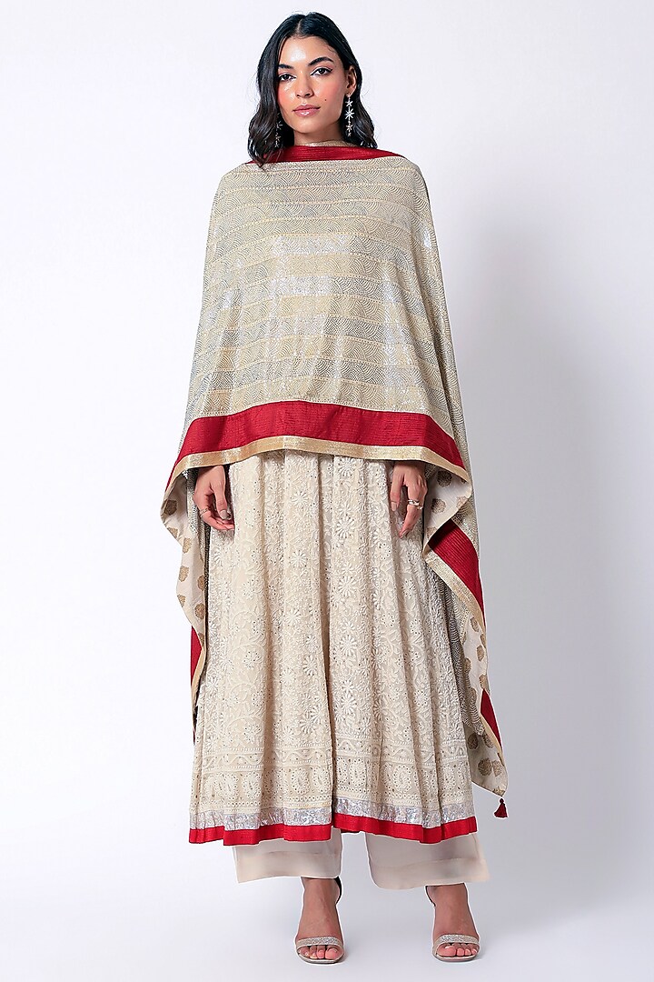 Beige Embroidered Anarkali Set by Romaa