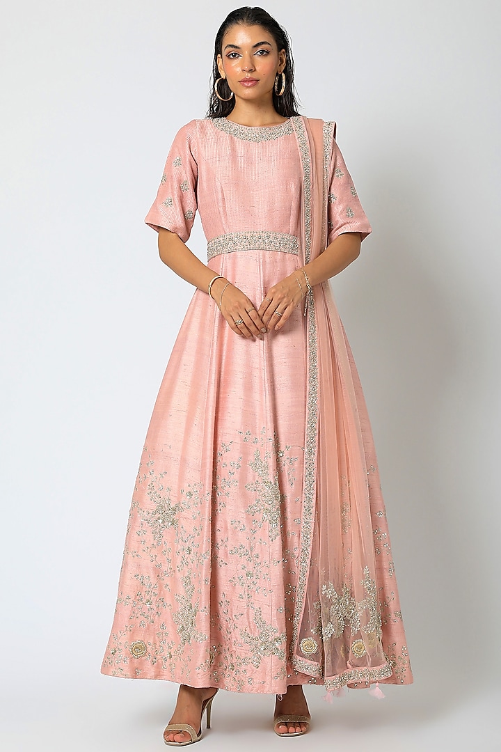 Peach Embroidered Gown With Dupatta by Romaa at Pernia's Pop Up Shop