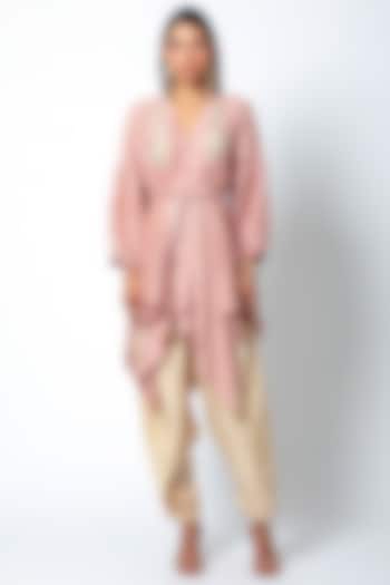 Peach Embroidered Kurta With Pants & Belt by Romaa