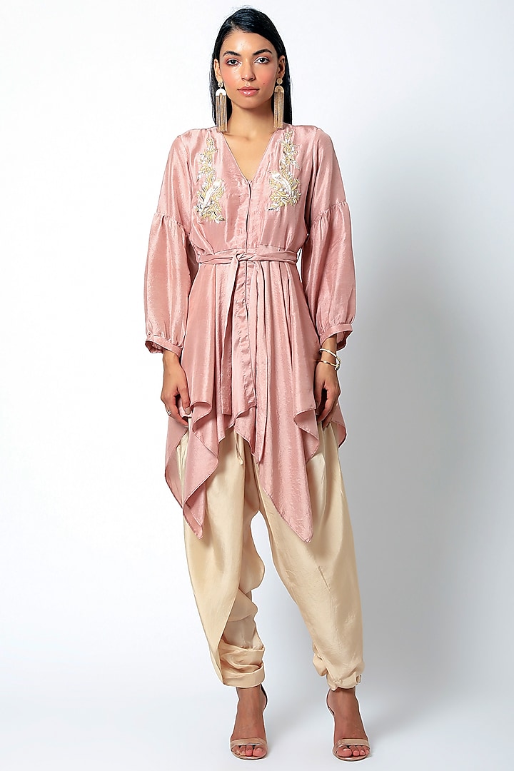 Peach Embroidered Kurta With Pants & Belt by Romaa