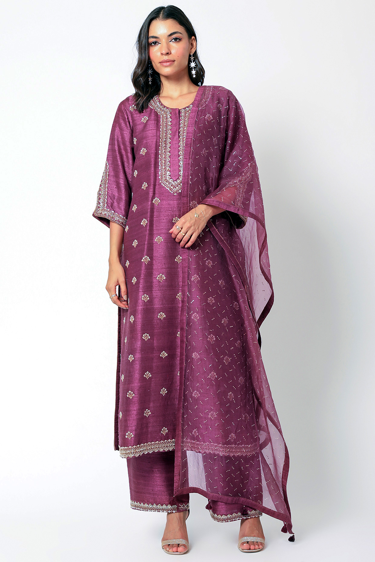 Wine Embroidered Kurta set by Romaa