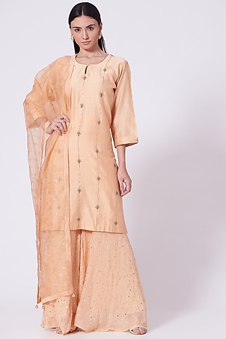Peach Georgette Sharara Set by Romaa