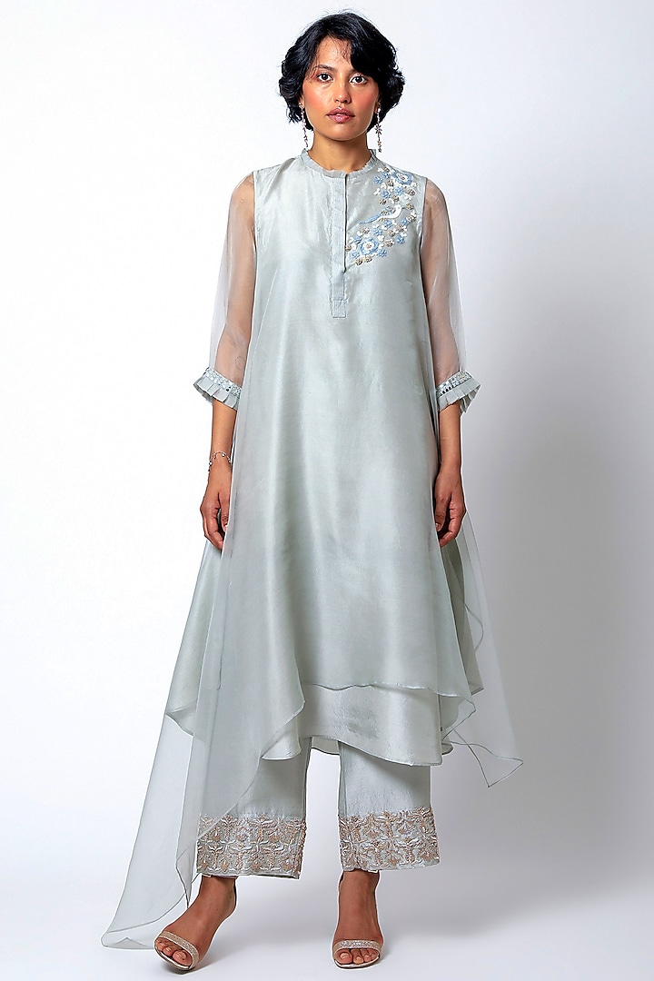 Greenish Grey Embriodered Kurta With Pants by Romaa