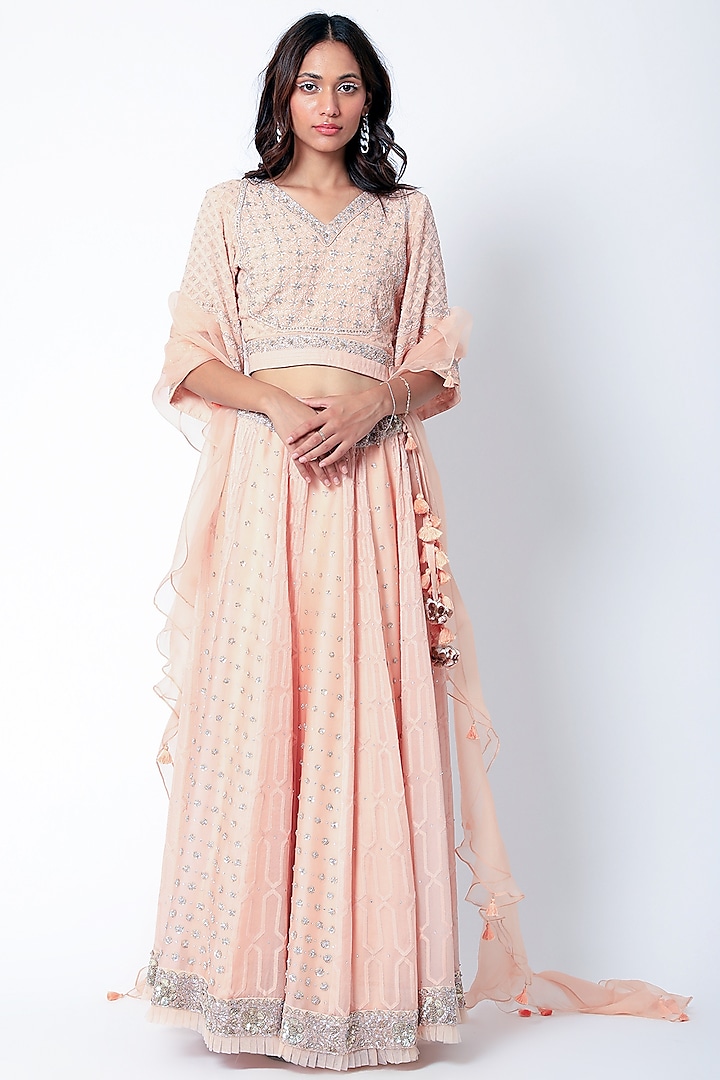 Peach Embroidered Bridal Lehenga Set by Romaa at Pernia's Pop Up Shop