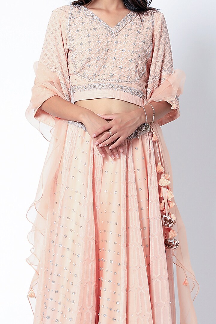 Peach Embroidered Bridal Lehenga Set by Romaa at Pernia's Pop Up Shop