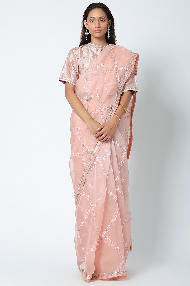 Blush Pink Mukaish Embroidered Saree Set by Romaa
