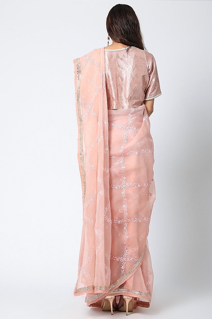 Blush Pink Mukaish Embroidered Wedding Saree Set by Romaa at Pernia's Pop Up Shop