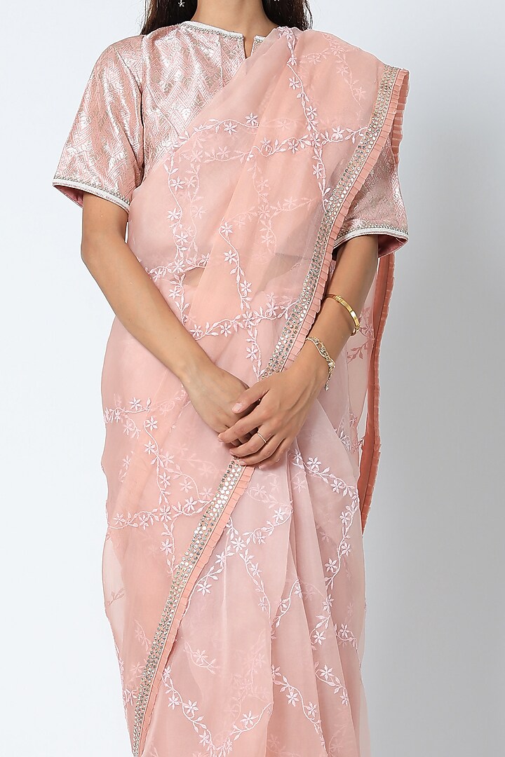 Blush Pink Mukaish Embroidered Wedding Saree Set by Romaa at Pernia's Pop Up Shop