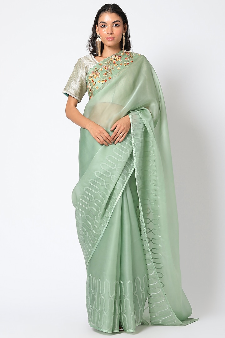 Mint Green Organza Zardosi Embroidered Saree Set by Romaa