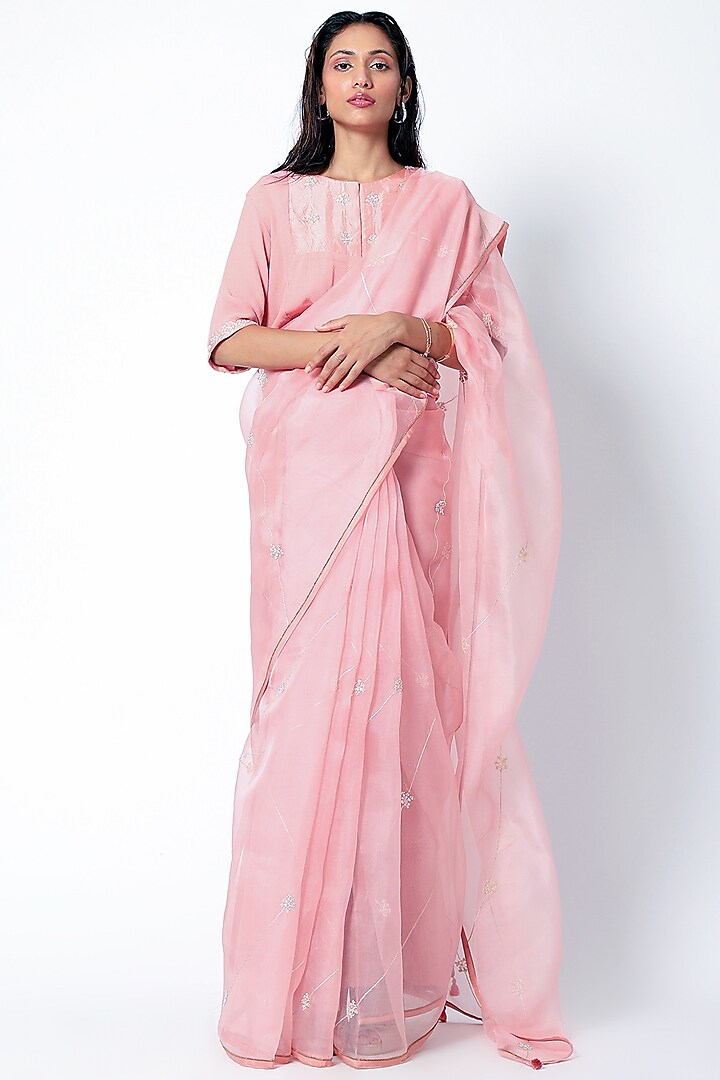 Blush Pink Organza Zardosi Embroidered Saree Set by Romaa