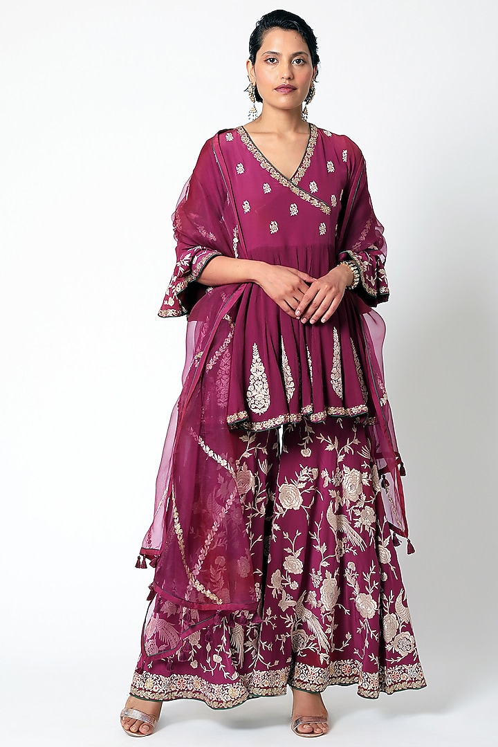 Plum Embroidered Sharara Set by Romaa