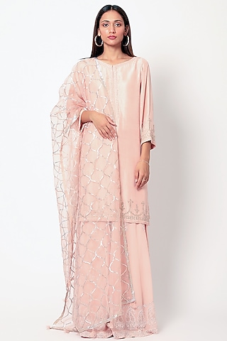 Peach Embroidered Sharara Set by Romaa