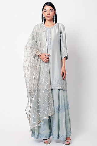 Grey Embroidered Sharara Set by Romaa