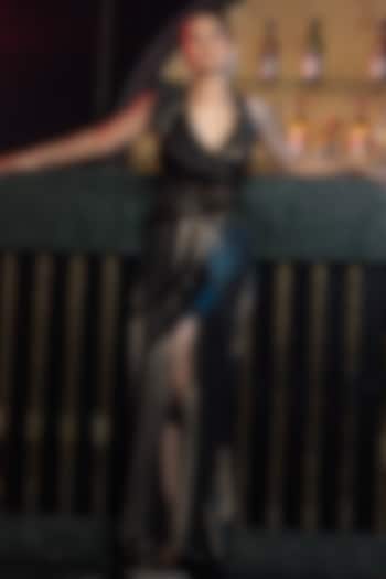 Black Foil Lycra Cutdana Pipe & Sequins Embroidered Vacation Dress by RAJ ARORA ROOP VATIKA at Pernia's Pop Up Shop