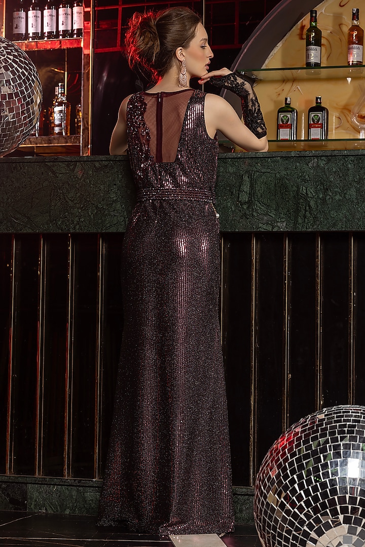 Wine Disco Lycra Cutdana Embroidered Vacation Dress by RAJ ARORA ROOP VATIKA at Pernia's Pop Up Shop
