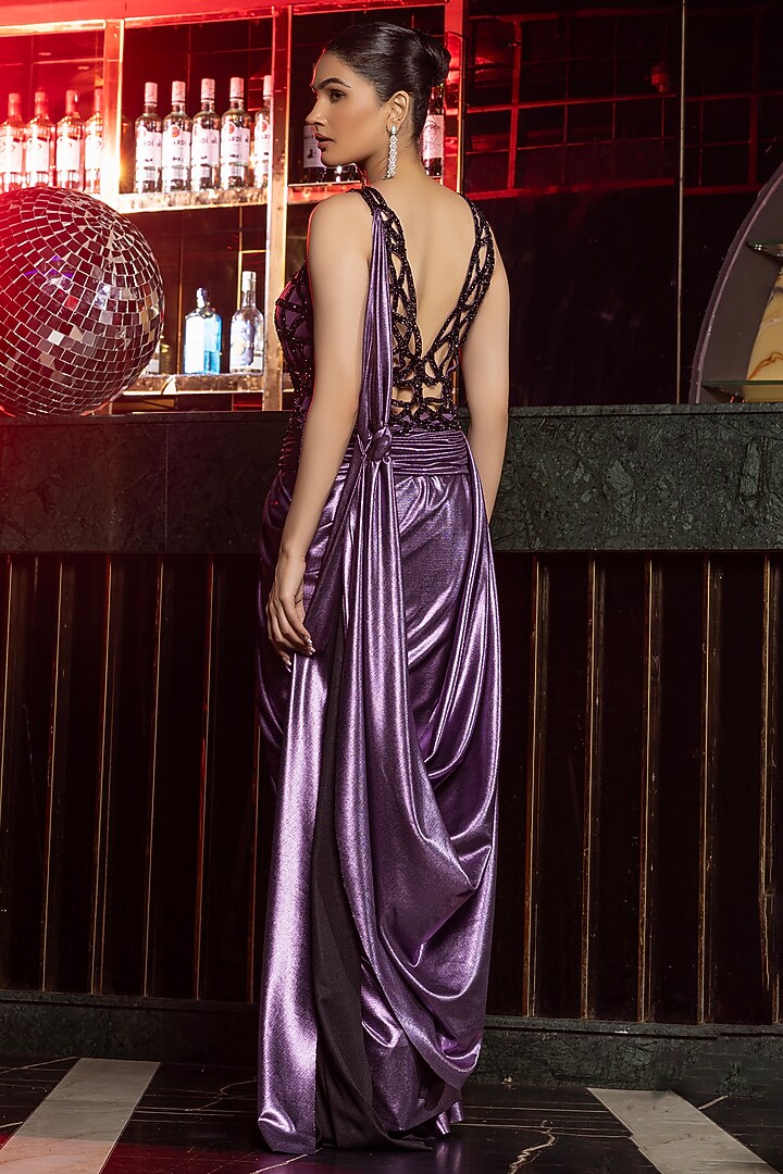 Purple & Black Foil Lycra Cutwork Draped Party Wear Saree by RAJ ARORA ROOP VATIKA at Pernia's Pop Up Shop