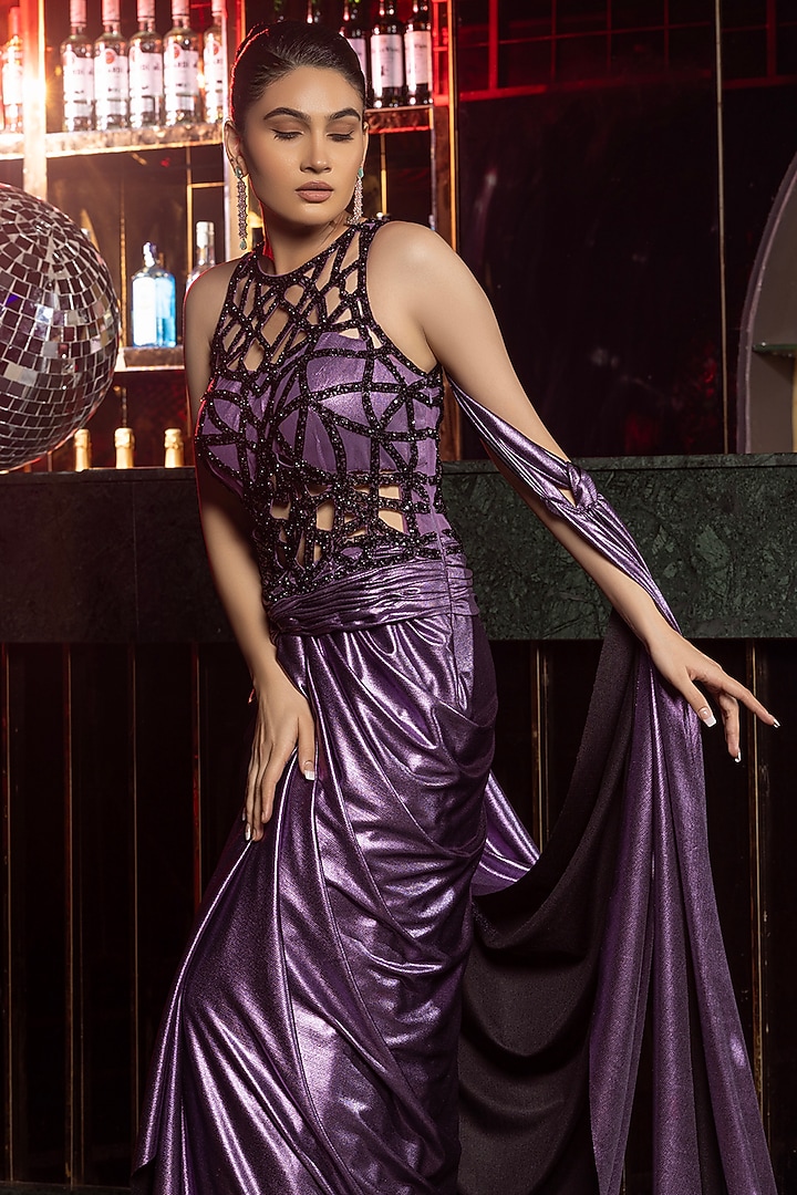 Purple & Black Foil Lycra Cutwork Draped Party Wear Saree by RAJ ARORA ROOP VATIKA at Pernia's Pop Up Shop