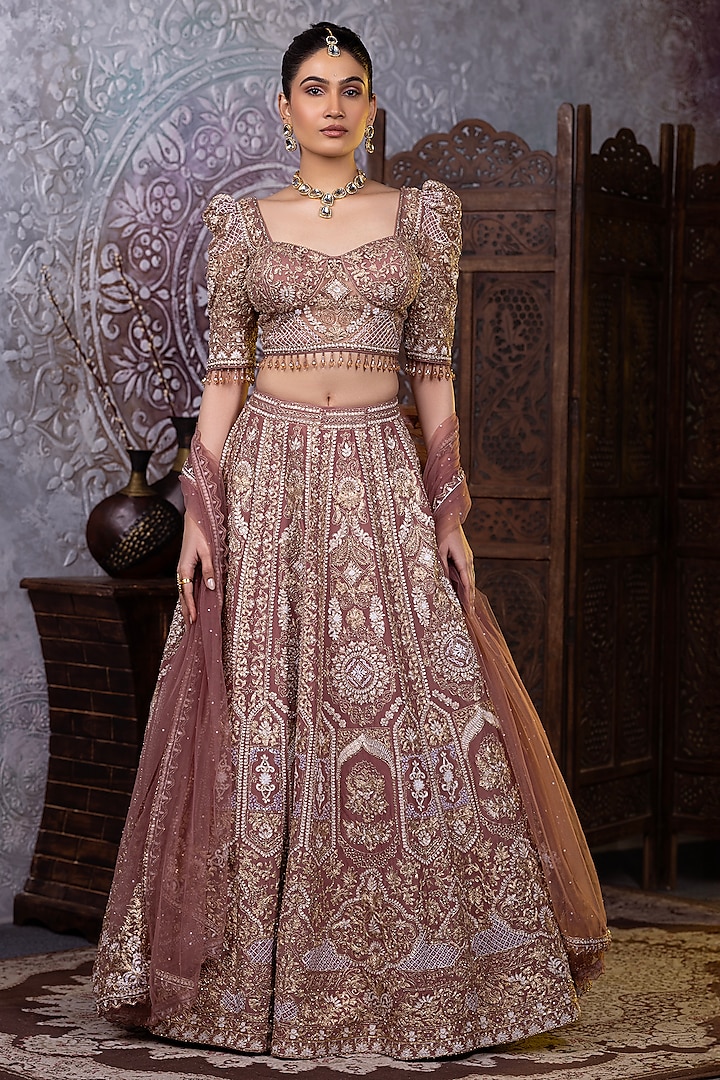 Brown Crepe & Net Sequins Embroidered Wedding Lehenga Set by RAJ ARORA ROOP VATIKA at Pernia's Pop Up Shop