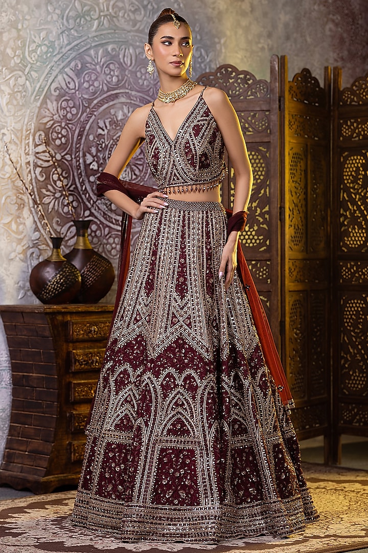 Dark Wine Taffeta Silk & Net Resham Embroidered Wedding Lehenga Set by RAJ ARORA ROOP VATIKA at Pernia's Pop Up Shop