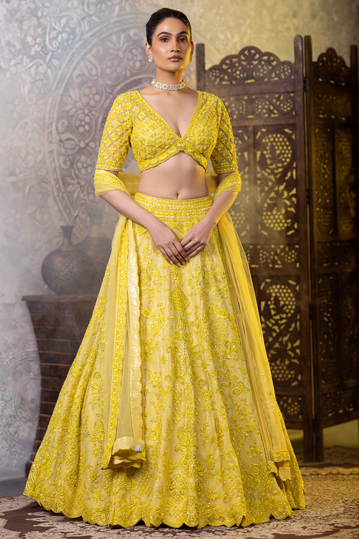 Yellow Net & Sequins Georgette Embroidered Wedding Lehenga Set by RAJ ARORA ROOP VATIKA at Pernia's Pop Up Shop