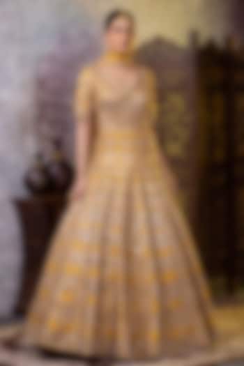 Mustard Taffeta & Net Crystal Embroidered Bridal Anarkali Set by RAJ ARORA ROOP VATIKA at Pernia's Pop Up Shop