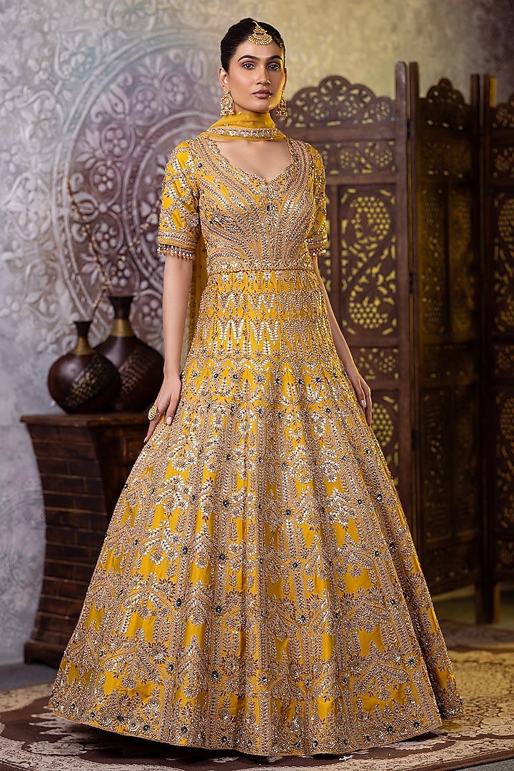 Mustard Taffeta & Net Crystal Embroidered Bridal Anarkali Set by RAJ ARORA ROOP VATIKA at Pernia's Pop Up Shop