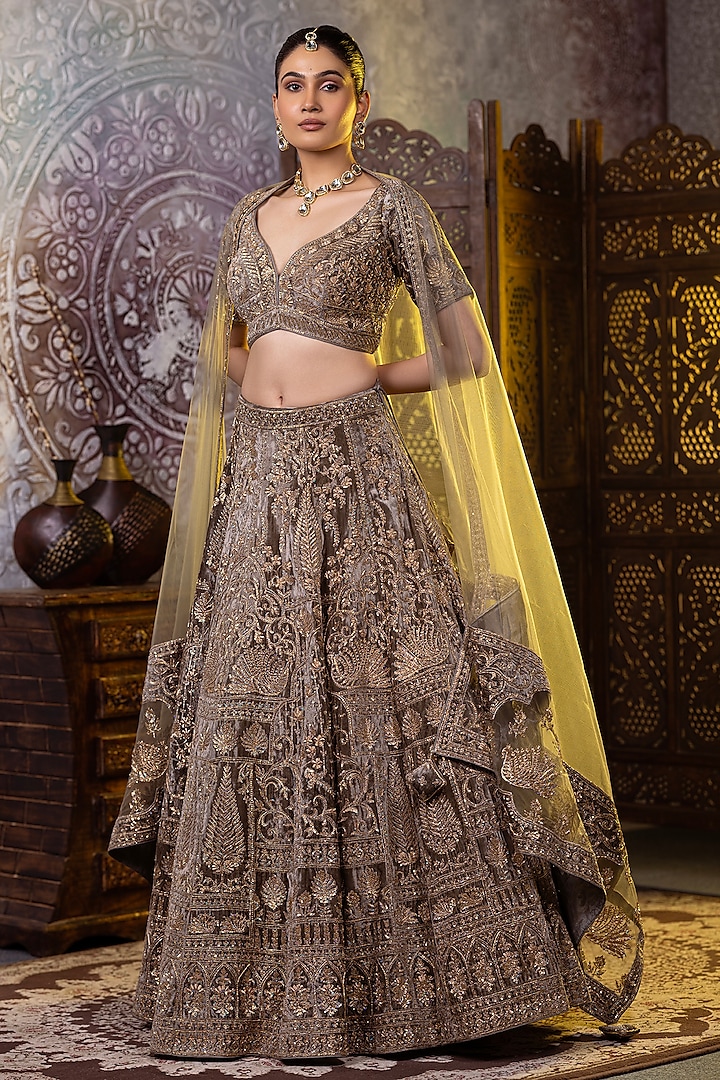 Mehendi Green Micro Velvet Cutdana Embroidered Bridal Lehenga Set by RAJ ARORA ROOP VATIKA at Pernia's Pop Up Shop