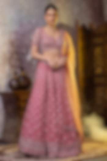 Pink Georgette Cutdana Embroidered Wedding Lehenga Set by RAJ ARORA ROOP VATIKA at Pernia's Pop Up Shop