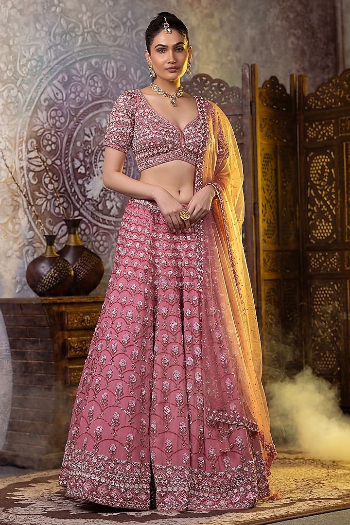 Pink Georgette Cutdana Embroidered Wedding Lehenga Set by RAJ ARORA ROOP VATIKA at Pernia's Pop Up Shop