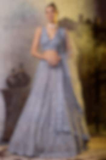 Sky Blue Net Mirror Embroidered Wedding Lehenga Set by RAJ ARORA ROOP VATIKA at Pernia's Pop Up Shop