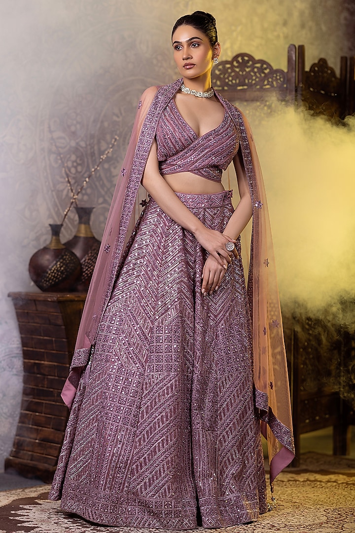 Mauve Net Dori Thread Embroidered Wedding Lehenga Set by RAJ ARORA ROOP VATIKA at Pernia's Pop Up Shop