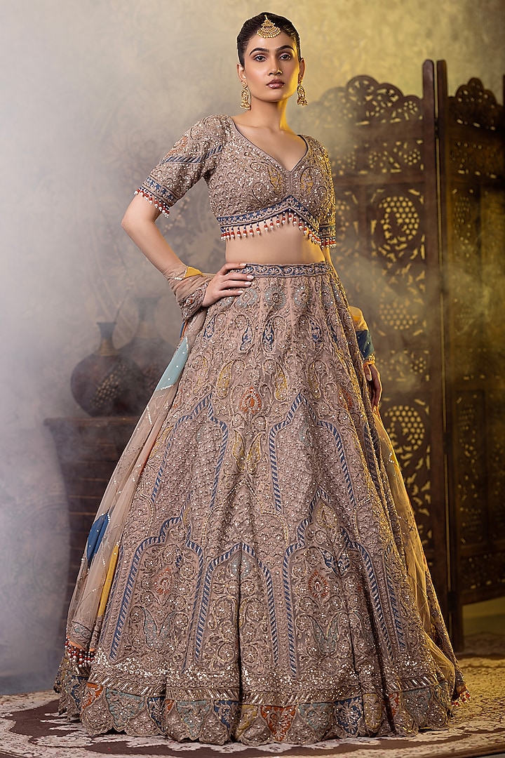 Grey Net Dori Thread Embroidered Wedding Lehenga Set by RAJ ARORA ROOP VATIKA at Pernia's Pop Up Shop