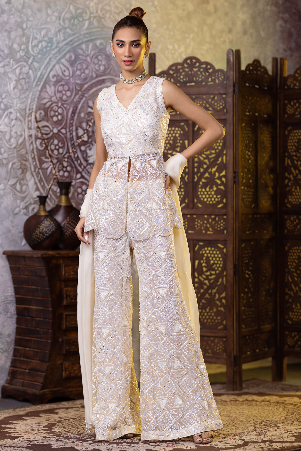 Ivory Net Sequins & Cutdana Embroidered Pant Set by RAJ ARORA ROOP VATIKA at Pernia's Pop Up Shop