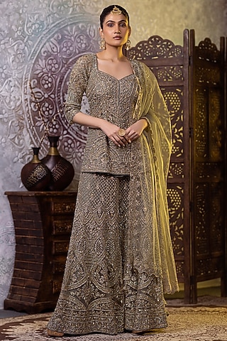 Pista Green Net Cutdana Embroidered Sharara Set by RAJ ARORA ROOP VATIKA