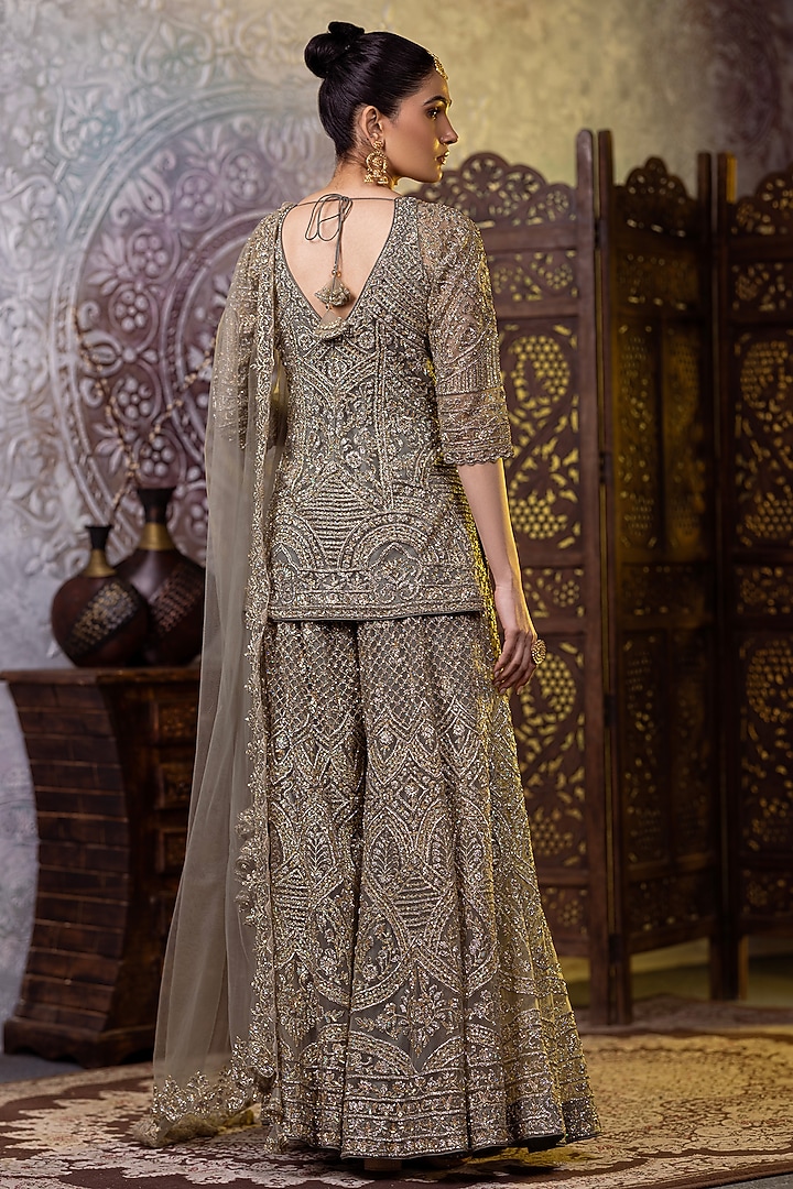 Pista Green Net Cutdana Embroidered Bridal Sharara Set by RAJ ARORA ROOP VATIKA at Pernia's Pop Up Shop