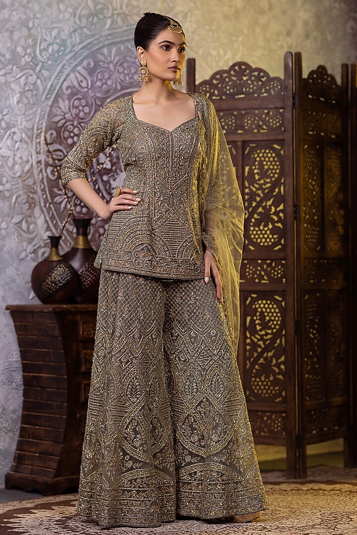 Pista Green Net Cutdana Embroidered Bridal Sharara Set by RAJ ARORA ROOP VATIKA at Pernia's Pop Up Shop