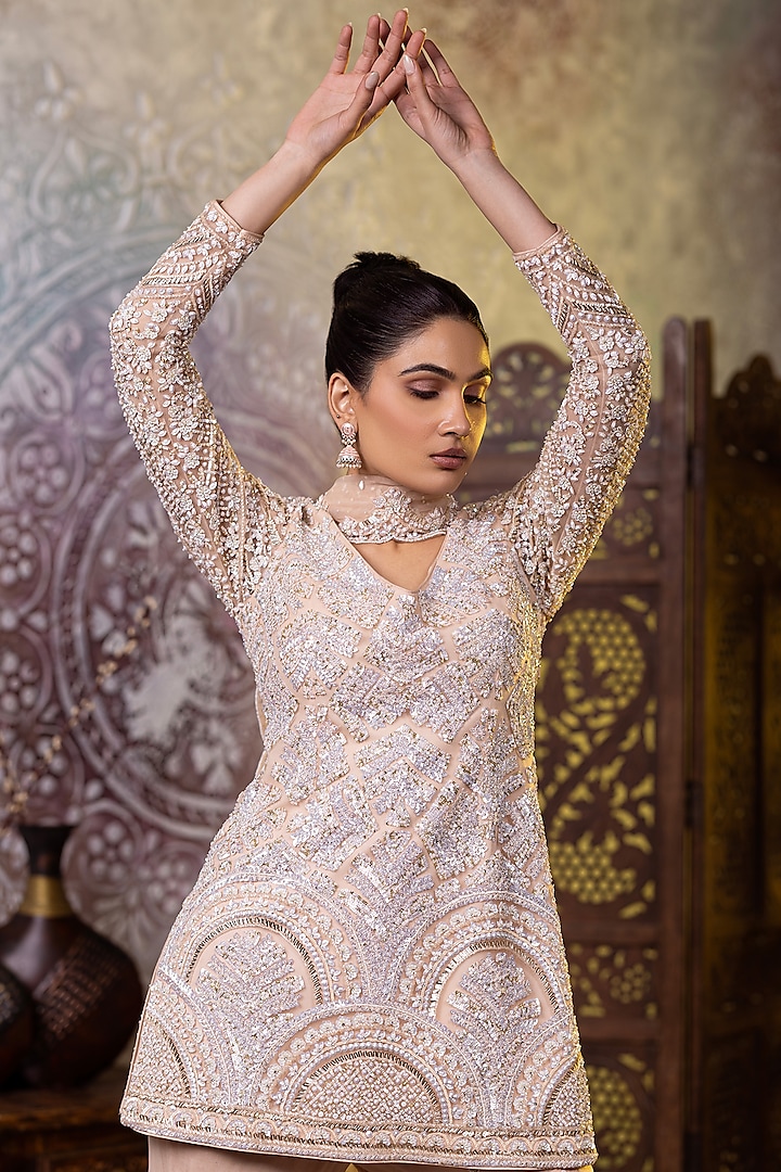 Cream Net Sequins Cutdana Embroidered Gharara Set by RAJ ARORA