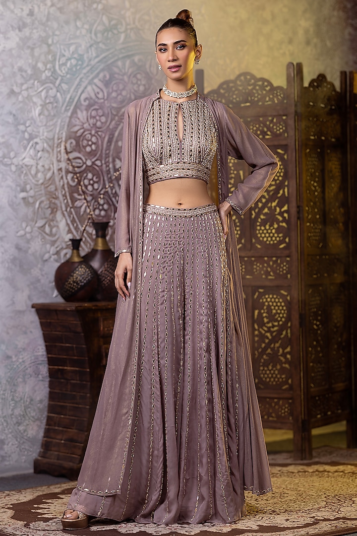 Mouse Georgette Mirror & Pearl Embroidered Sharara Set by RAJ ARORA ROOP VATIKA at Pernia's Pop Up Shop