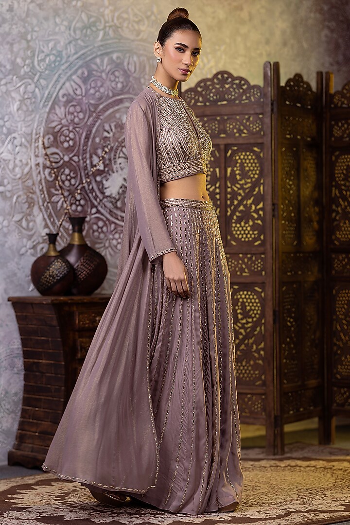 Mouse Georgette Mirror & Pearl Embroidered Wedding Sharara Set by RAJ ARORA ROOP VATIKA at Pernia's Pop Up Shop
