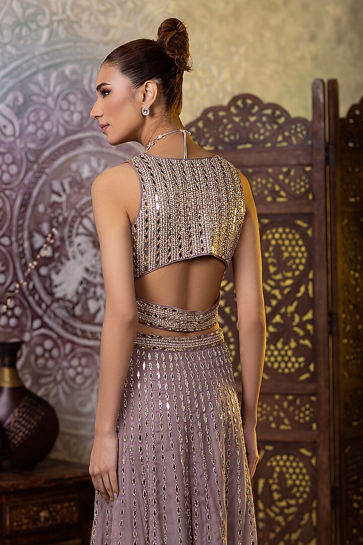 Mouse Georgette Mirror & Pearl Embroidered Wedding Sharara Set by RAJ ARORA ROOP VATIKA at Pernia's Pop Up Shop