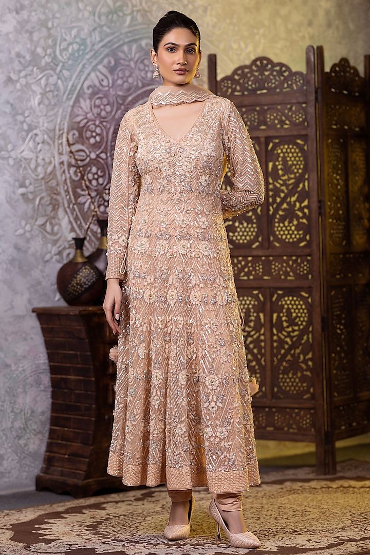 Cream Net Sequins & Cutdana Embroidered Anarkali Set by RAJ ARORA ROOP VATIKA at Pernia's Pop Up Shop