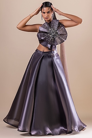 Grey Fishnet Skirt Set by RAJ ARORA ROOP VATIKA